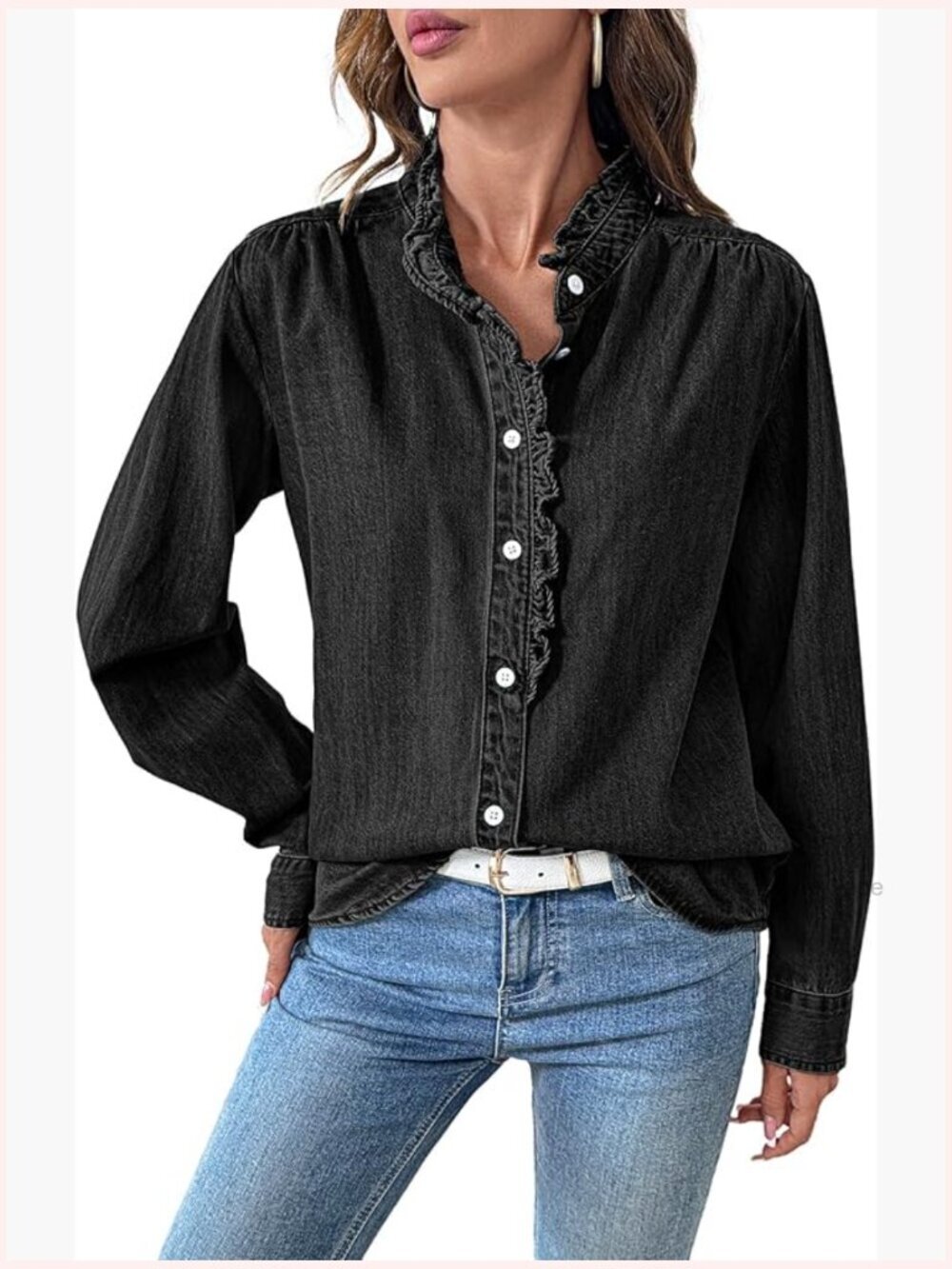 Ruffled Button Down Denim Shirt Long Sleeve Blouse Top Women's Cowgirl Cowboy
